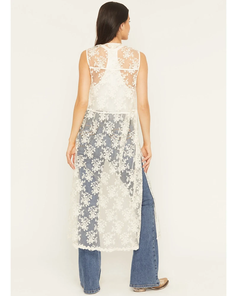 Listicle Women's Sleeveless Floral Lace Tie Front Kimono