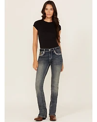 Grace LA Women's Medium Wash Camo Fleur De Lis Embroidered Mid Rise Bootcut Stretch Denim Jeans