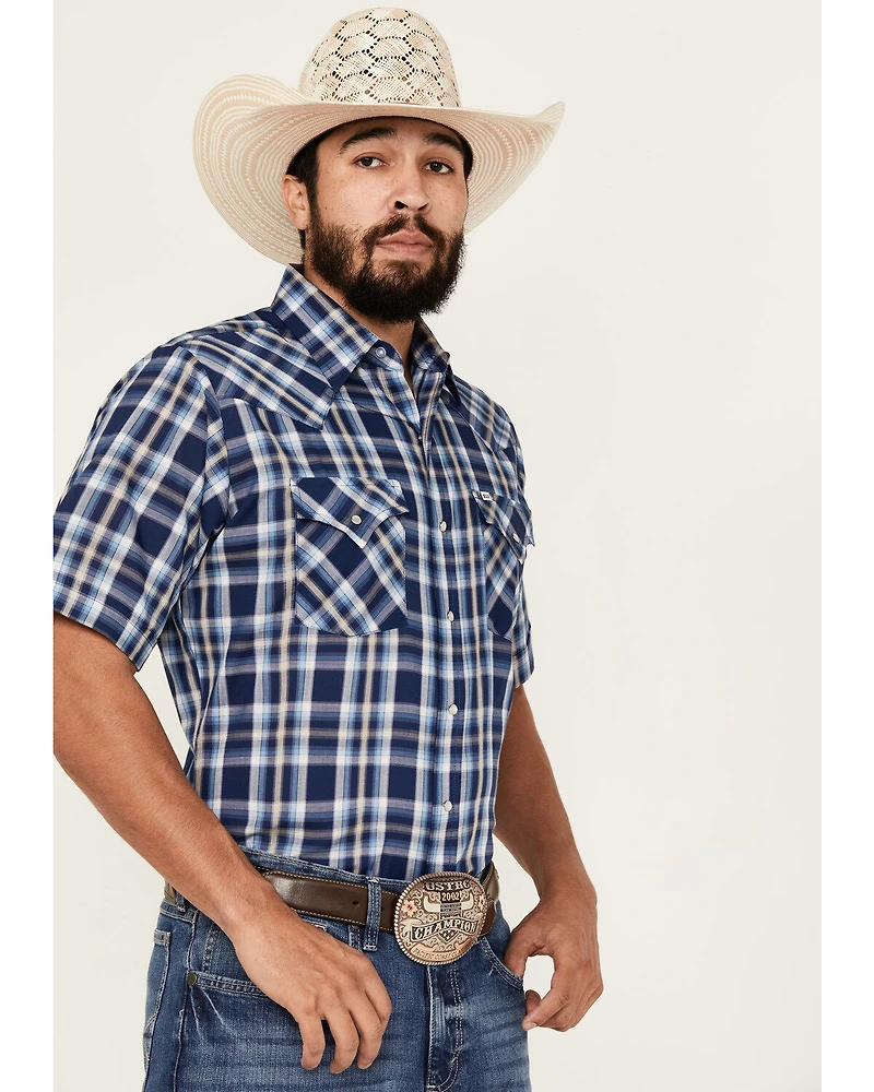Ely Walker Men's Plaid Print Short Sleeve Pearl Snap Western Shirt