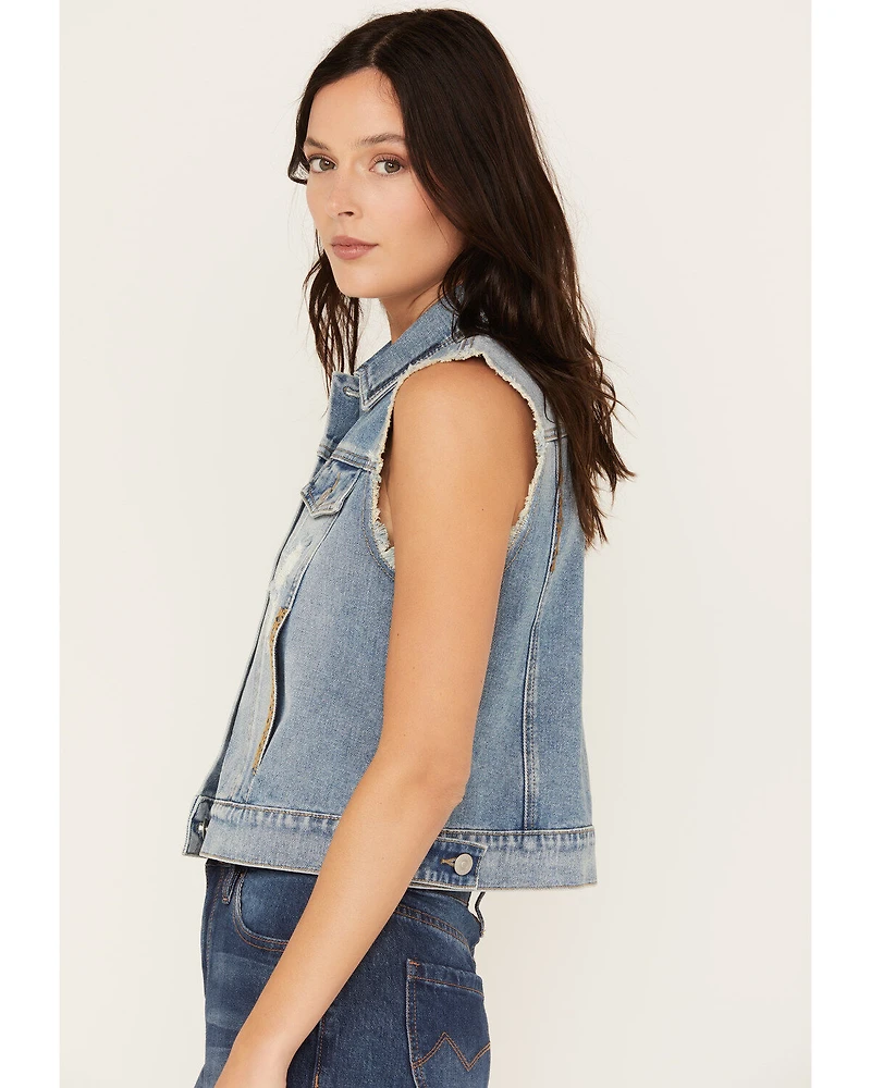 Cleo + Wolf Women's Medium Wash Oversized Embroidered Denim Vest