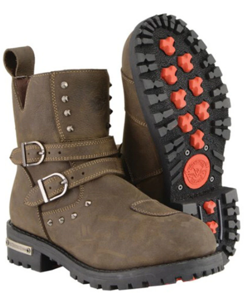 Milwaukee Leather Women's Double Strap Waterproof Studded Boots - Round Toe