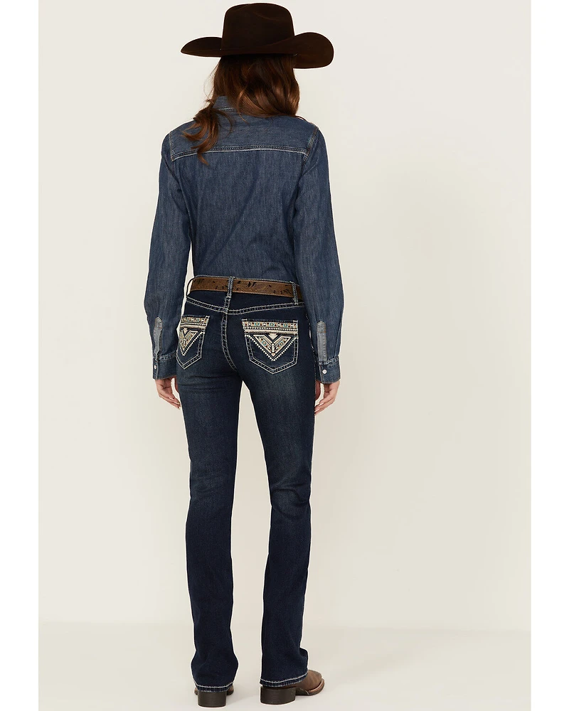 Rock & Roll Denim Women's Dark Wash Mid Rise Embroidered Bootcut Stretch Jeans