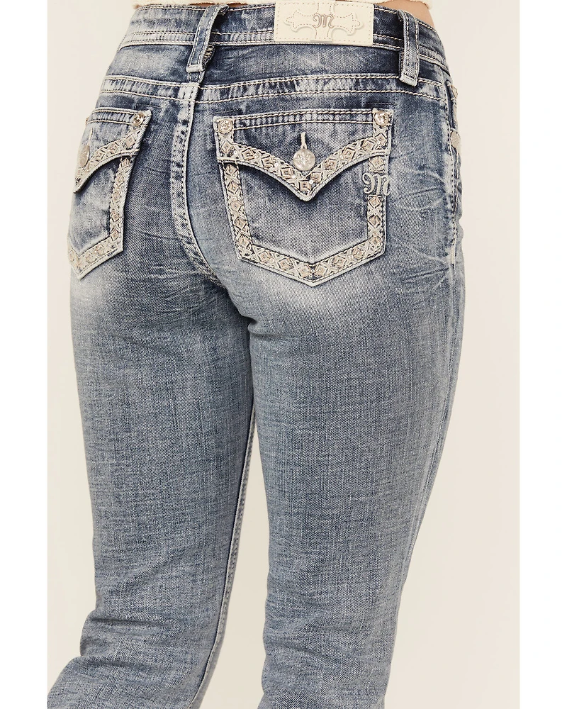Miss Me Women's Medium Wash Mid Rise 34" Bootcut Stretch Denim Jeans