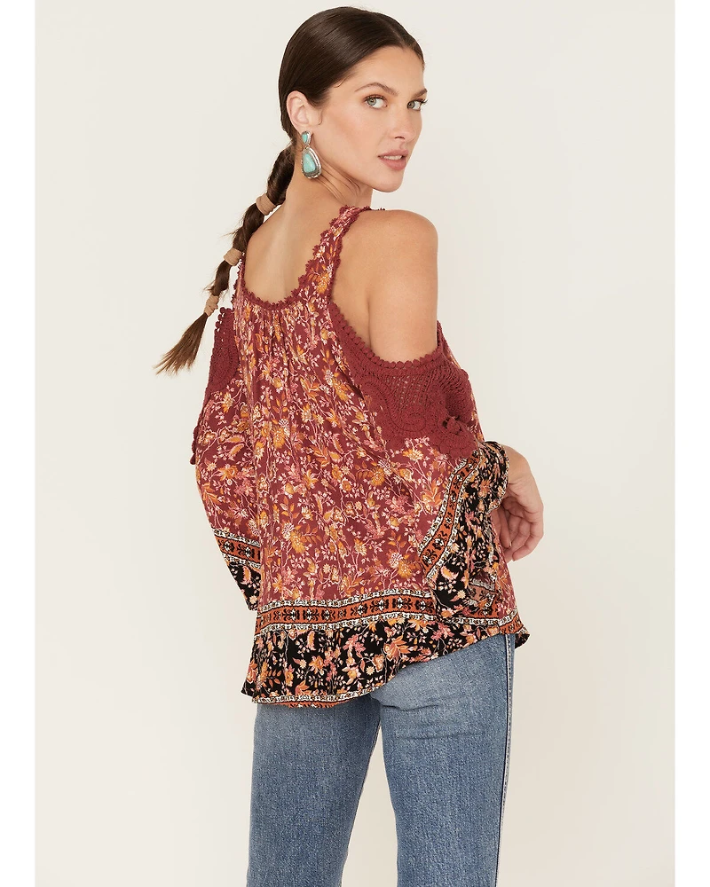 Wild Moss Women's Floral Print Cold Shoulder Top
