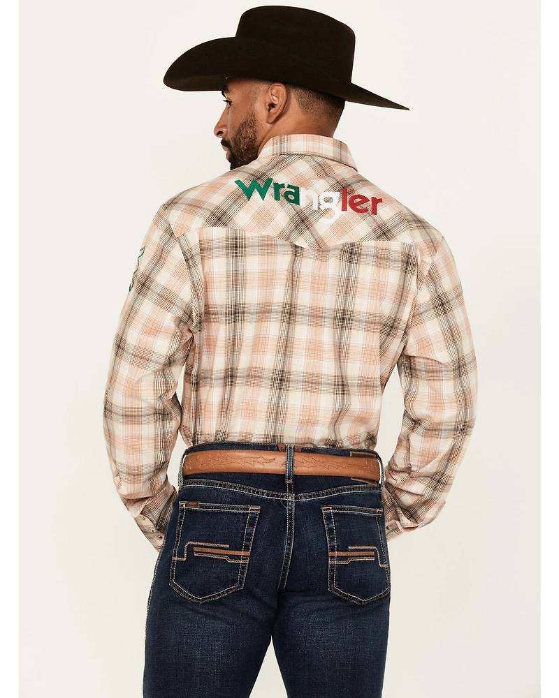 Wrangler Men's Mexico Logo Plaid Print Long Sleeve Snap Western Shirt