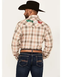 Wrangler Men's Mexico Logo Plaid Print Long Sleeve Snap Western Shirt