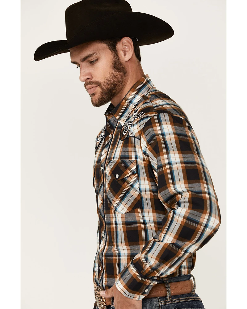 Roper Men's Embroidered Yoke Plaid Print Long Sleeve Snap Western Shirt