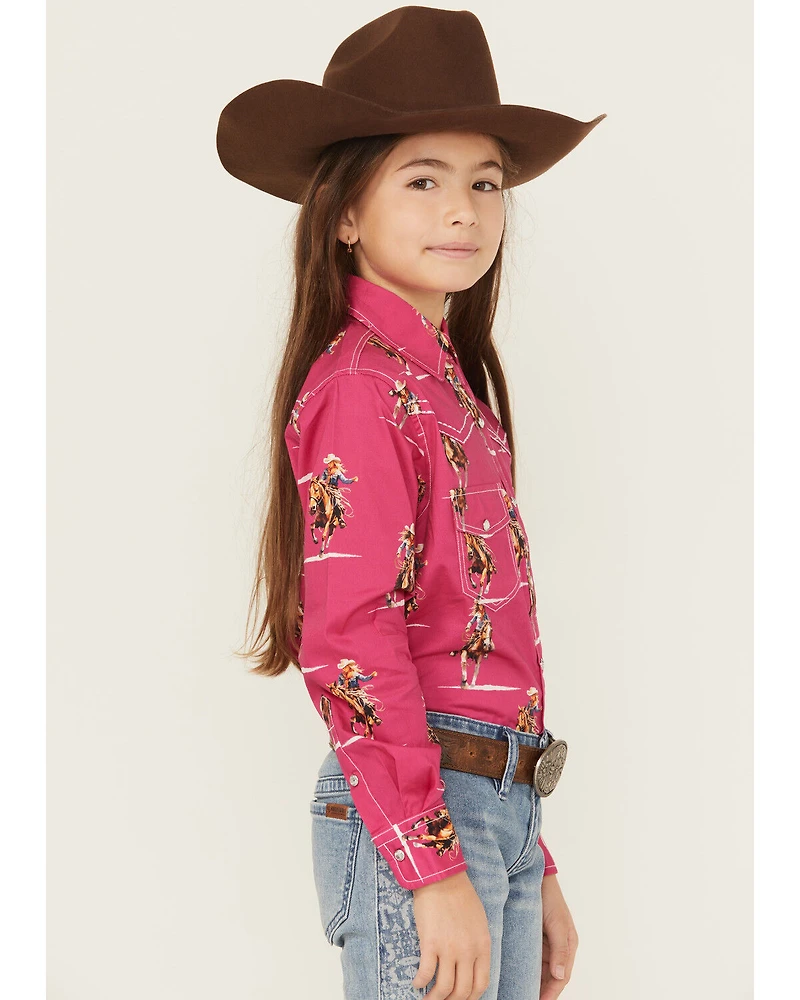 Cowgirl Hardware Girls' Print Long Sleeve Rhinestone Snap Stretch Western Shirt