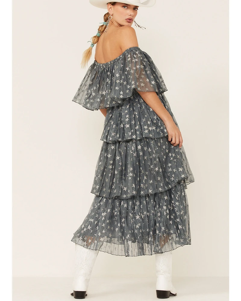 Z&L Women's Off-the-Shoulder Star Print Tiered Midi Dress