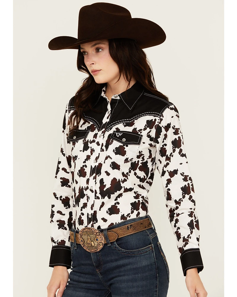 Cowgirl Hardware Women's Cow Print Long Sleeve Snap Western Shirt