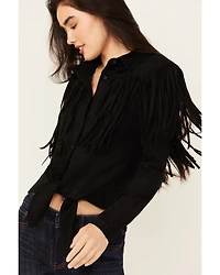 Idyllwind Women's Fate Faux Suede Fringe Long Sleeve Button-Down Tie-Front Shirt