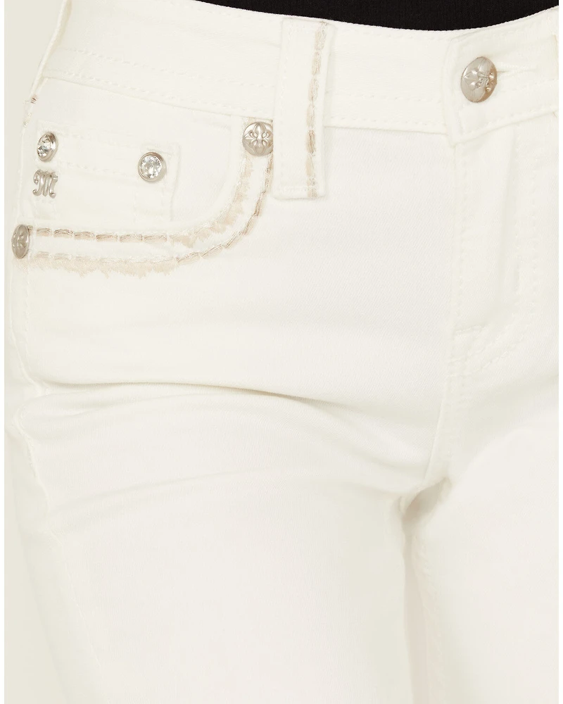 Miss Me Women's Mid Rise Whipstitch Border Pocket 34" Bootcut Stretch Denim Jeans