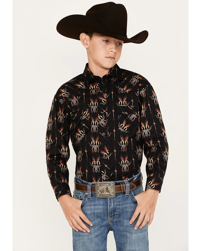 Rock & Roll Denim Boys' Dale Brisby Flame Steer Head Long Sleeve Snap Western Shirt