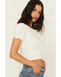 Cleo + Wolf Women's Eyelet Smocked Short Sleeve Crop Top