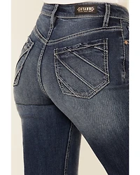 Shyanne Women's Dark High Rise Flare Distressed Knee Stretch Denim Jeans