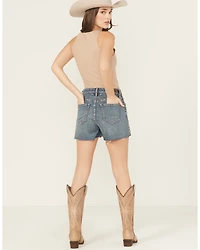 Rock & Roll Denim Women's Medium Wash High Rise Studded Cut-Off Stretch Shorts