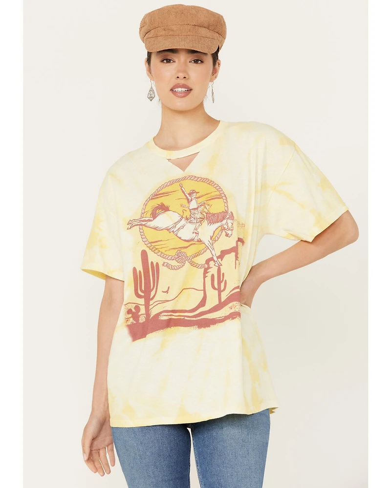 Gina Tees Women's Tie Dye Cut Out Desert Cowboy Graphic Tee