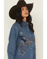 Wrangler Retro Women's Medium Wash Horse Embroidered Long Sleeve Snap Denim Shirt