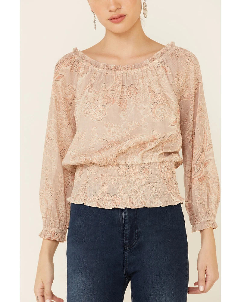 Mystree Women's Floral Paisley Print 3/4 Sleeve Smocked Top