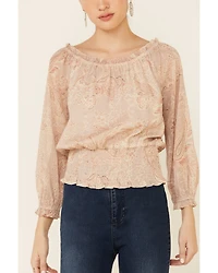 Mystree Women's Floral Paisley Print 3/4 Sleeve Smocked Top