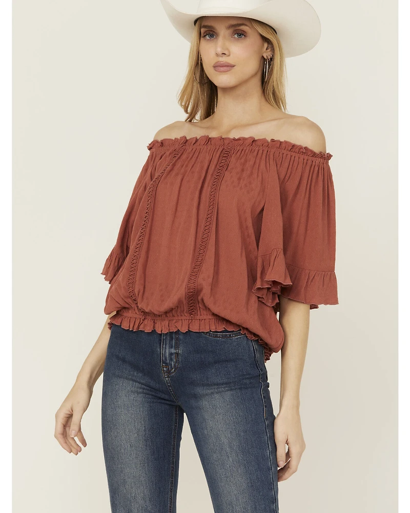 Band Of The Free Women's Solid Short Sleeve Off Shoulder Blouse