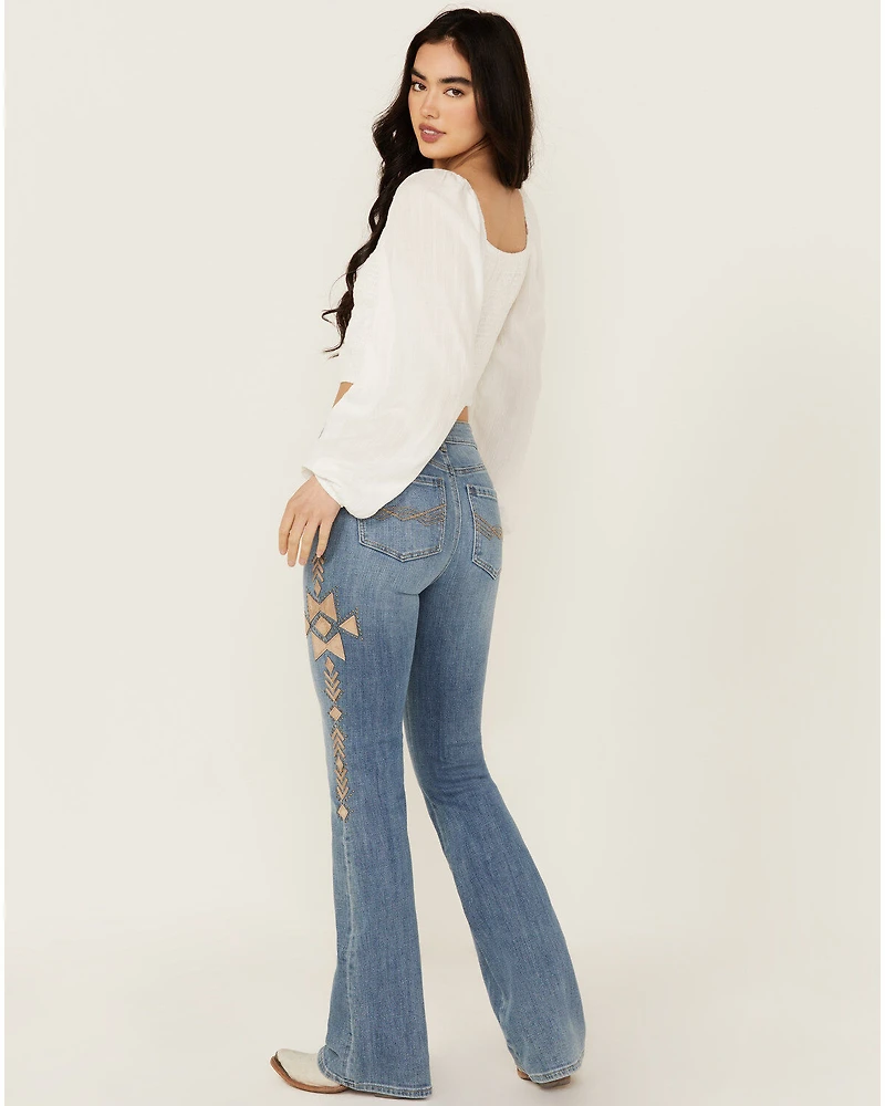 Idyllwind Women's Ellis Medium Wash Gypsy High Rise Faux Suede Embellished Bootcut Comfort Stretch Denim Jeans