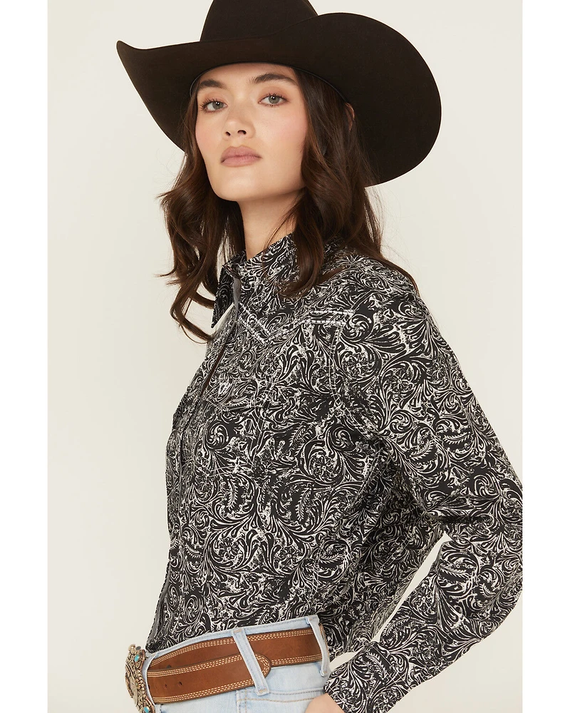 Cowgirl Hardware Women's Scroll Print Long Sleeve Snap Stretch Western Shirt