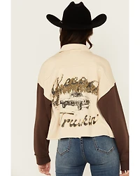 Cleo + Wolf Women's Color Block Graphic Print Snap Cropped Shacket