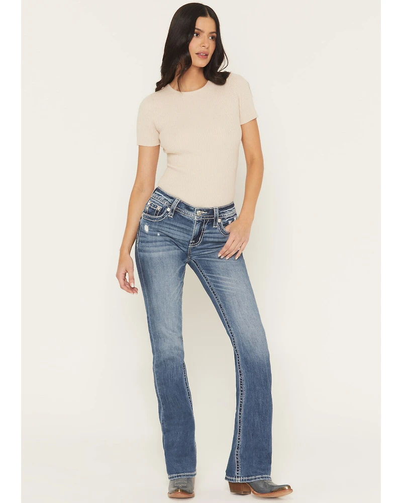 Miss Me Women's Medium Wash Mid Rise Americana Pocket 34" Bootcut Stretch Denim Jeans