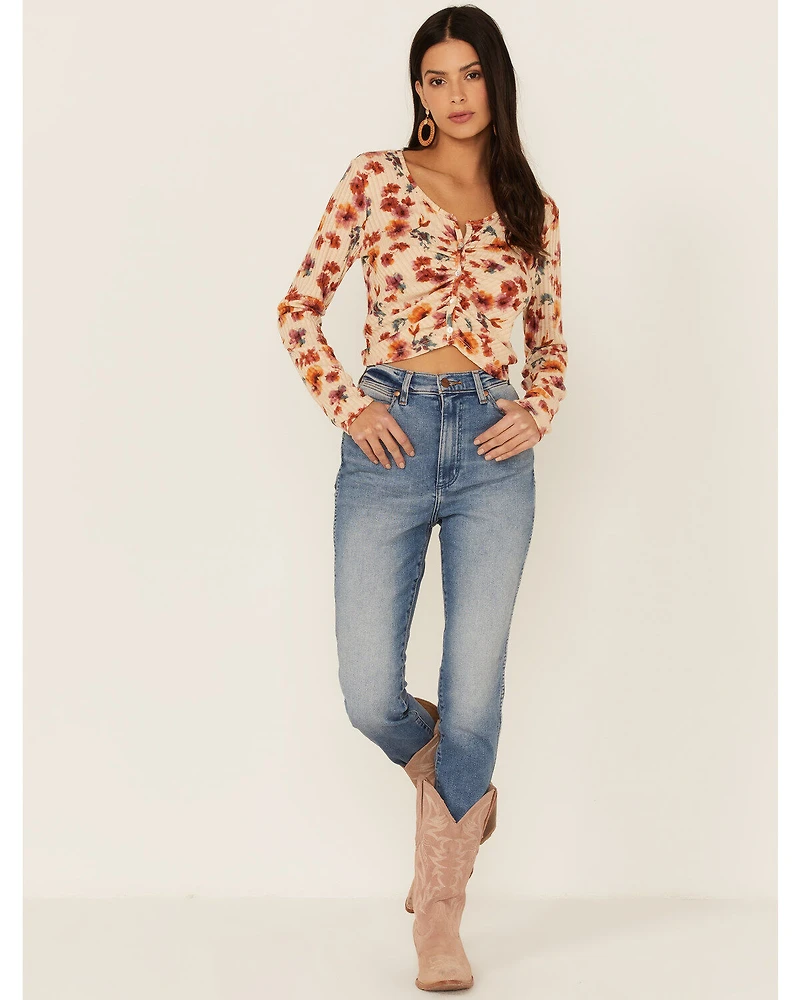 Wild Moss Women's Rust Long Sleeve Floral Button Cinch Front Knit Top