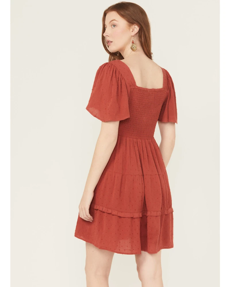 Wild Moss Women's Crochet Inset Twist Front Short Sleeve Mini Dress