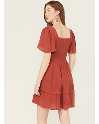 Wild Moss Women's Crochet Inset Twist Front Short Sleeve Mini Dress