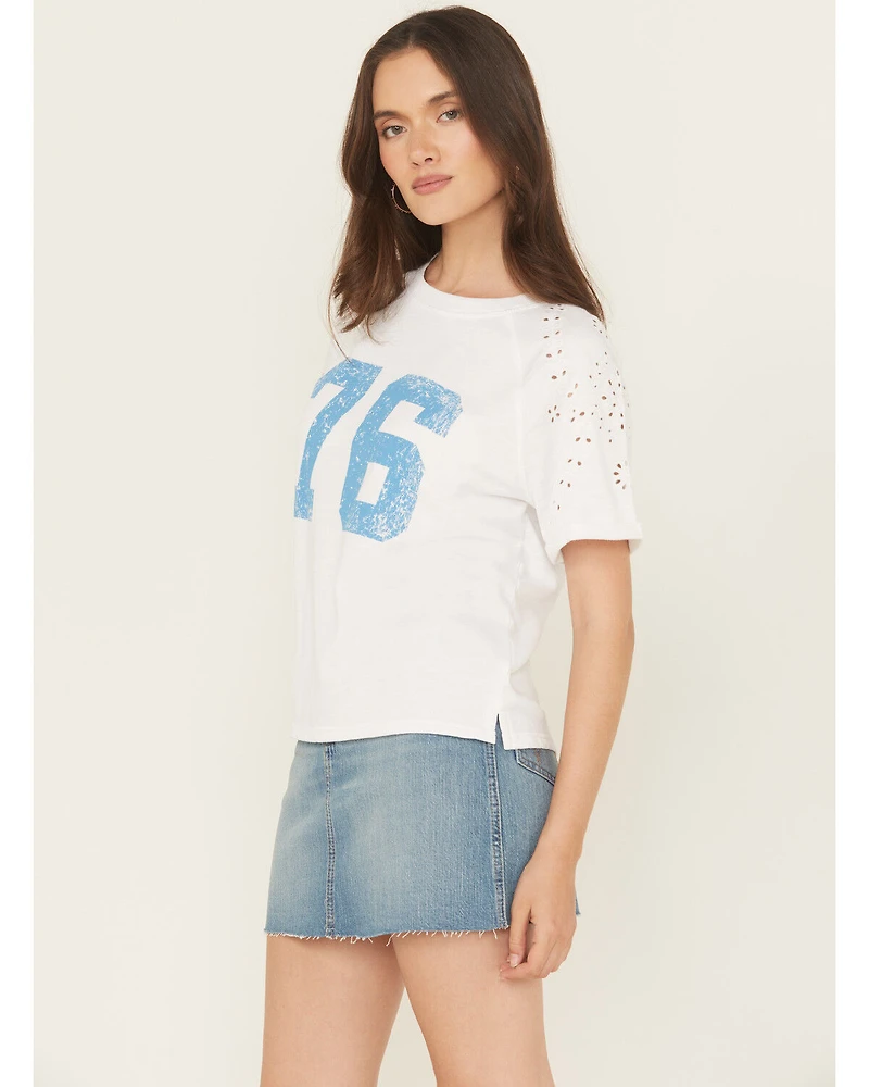 Blended Women's Eyelet Embroidered Short Sleeve Graphic Tee