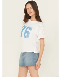 Blended Women's Eyelet Embroidered Short Sleeve Graphic Tee