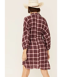 Wild Moss Women's Burgundy Long Sleeve Plaid Shirt Mini Dress