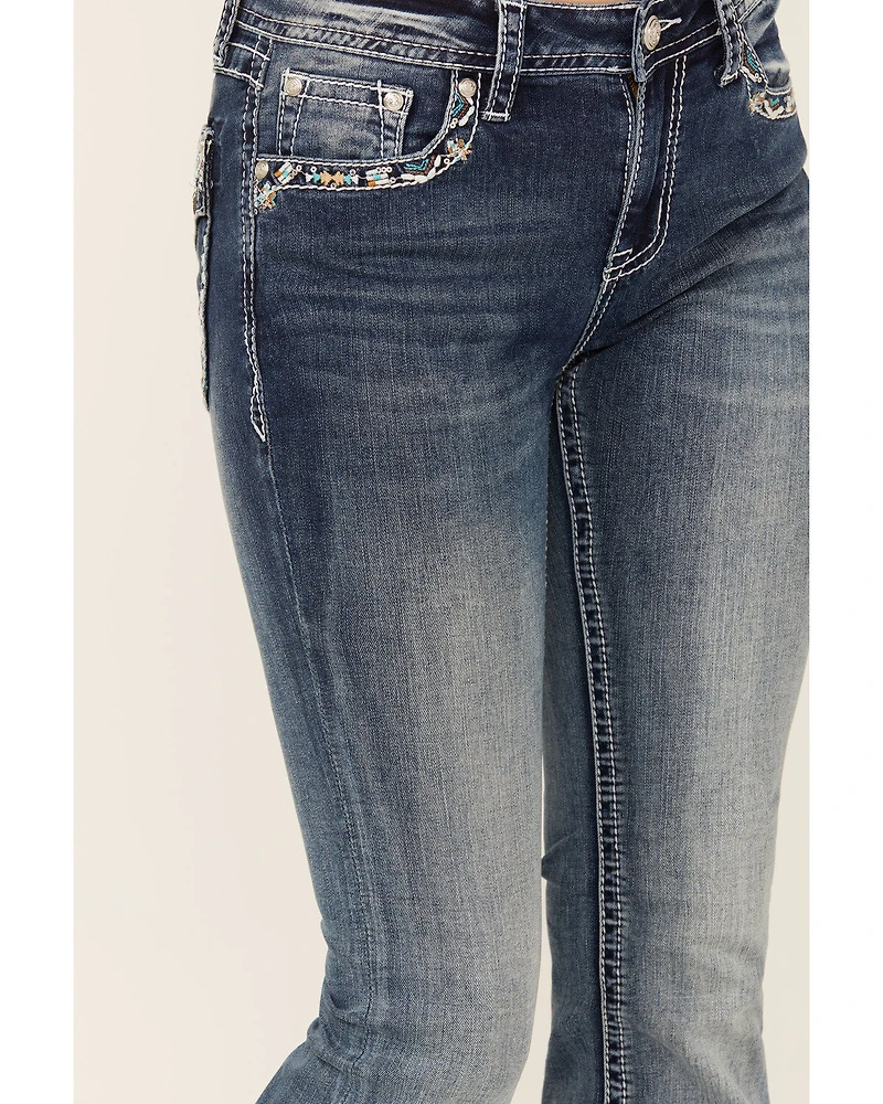 Grace LA Women's Medium Wash Faux Flap Pocket Mid Rise Bootcut Stretch Denim Jeans