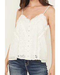 Miss Me Women's Eyelet Sleeveless Button-Down Ruffle Tank Top