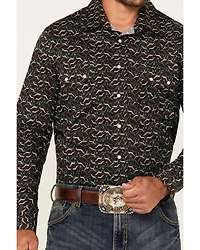 Rock & Roll Denim Men's Long Horn Print Sleeve Snap Stretch Western Shirt