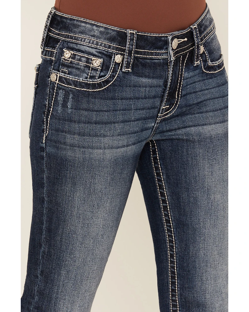 Miss Me Women's Dark Wash Mid Rise Paisley Pocket 32" Bootcut Stretch Denim Jeans