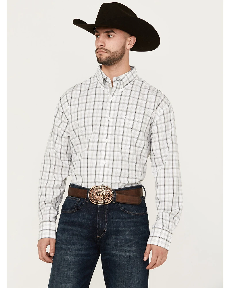 George Strait by Wrangler Men's Plaid Print Long Sleeve Button-Down Stretch Western Shirt