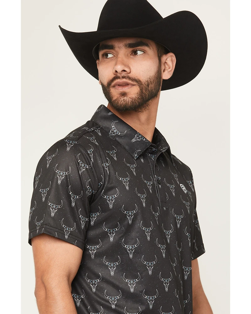 Rock & Roll Denim Men's Longhorn Print Short Sleeve Button-Down Stretch Polo