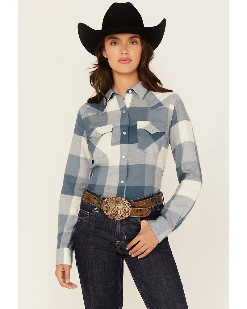 Wrangler Retro Women's Buffalo Plaid Print Long Sleeve Pearl Snap Flannel Shirt