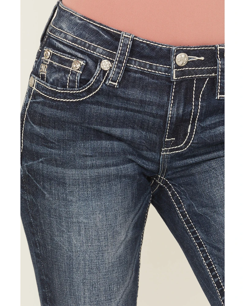 Miss Me Women's Dark Wash Mid Rise 32" Bootcut Stretch Denim Jeans