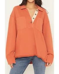 Cleo & Wolf Women's Solid French Terry Long Sleeve Quarter Button-Down Shirt