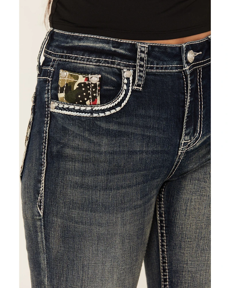 Grace LA Women's Medium Wash Camo Fleur De Lis Embroidered Mid Rise Bootcut Stretch Denim Jeans