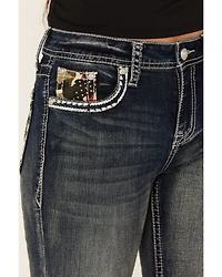 Grace LA Women's Medium Wash Camo Fleur De Lis Embroidered Mid Rise Bootcut Stretch Denim Jeans