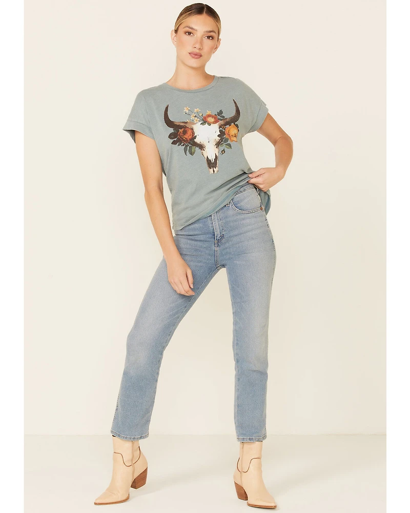 White Crow Women's Teal Floral Longhorn Skull Graphic Short Sleeve Tee