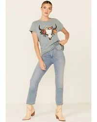 White Crow Women's Teal Floral Longhorn Skull Graphic Short Sleeve Tee