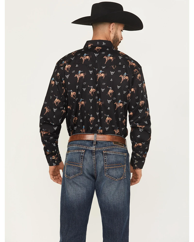 Cowboy Hardware Men's Vintage Bronco Print Long Sleeve Snap Stretch Western Shirt