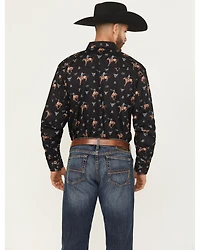Cowboy Hardware Men's Vintage Bronco Print Long Sleeve Snap Stretch Western Shirt